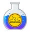Chemical laboratory glass flask with blue liquid. Yellow label with novichok indicated. Nerve agent and binary chemical weapon. Po