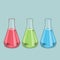 Chemical laboratory glassware isolated. Red, green and blue liquid. Erlenmeyer flask 1000ml. Colored line art. Retro design.