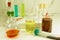 Chemical laboratory instruments, glassware and pipette. Tests and research diagnoses