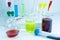 Chemical laboratory instruments, glassware and pipette. Tests and research diagnoses