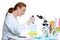 Chemical laboratory scientist woman multi channel pipette