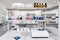 chemical laboratory in white with drugs, test tubes and many equipment