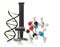 Chemical molecule and DNA structure model with old microscope over white background