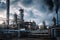 chemical plant with towering smoke stacks and busy workers