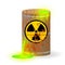 Chemical radioactive waste in a rusty barrel. Toxic green fluorescent liquid in a keg. Environmental pollution danger of