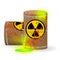 Chemical radioactive waste in a rusty barrel. Toxic green fluorescent liquid in a keg. Environmental pollution danger of