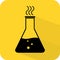 Chemical reaction. Conical flask. Bubbling liquid. Fumes gas vapor. Reacting substance. Vector illustration.
