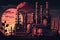 chemical refinery plant at dusk with glowing smokestacks and machinery