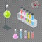 Chemical test tube pictogram icons set. Erlenmeyer flask, distilling flask, volumetric flask, test tube. Chemical lab