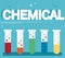 Chemical text and colorful laboratory filled with a clear liquid and blue background