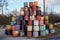 chemical waste barrels stacked outdoors at a facility