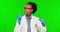 Chemical, woman and scientist in a studio with green screen smelling a liquid in a glass beaker. Thumbs up, science and