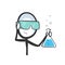 Chemist holding a laboratory flask. Scientist wearing safety glasees for an experiment. Hand drawn. Stickman cartoon. Doodle