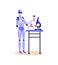 Chemist robot holding glass beaker or test tube with yellow liquid