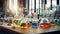 Chemistry beakers, transparent vessels filled with colorful liquids in the scientific workspace