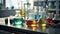 Chemistry beakers, transparent vessels filled with colorful liquids in the scientific workspace