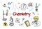 Chemistry cartoon icons set. Chalkboard with elements, formulas, atom, test-tube and laboratory equipment. education, medical.