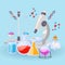 Chemistry equipment for experiments. Vials, microscope, test-tubes with reagents and DNA formulas vector background