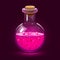 Chemistry glass bottle filled with a pink liquid potion. Love potion.
