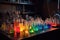 chemistry lab, with beakers and flasks of colored liquids, test tubes, and other equipment