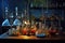 chemistry lab equipment, such as bunsen burners and pipettes