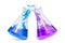Chemistry of love concept. Set of flasks with pink and blue liquid, 3D rendering
