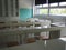 Chemistry room in a modern new school. Beautiful white furniture with sinks and washbasins. Large windows with blackout