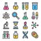 Chemistry science laboratory colorful vector icon set with outline