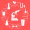 Chemistry scientific, education elements: microscope, flasks, tripod, formulas, beaker, amoeba, measuring cup, funnel, U-shaped
