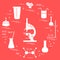 Chemistry scientific, education elements: microscope, flasks, tripod, formulas, beaker, burner, amoeba, measuring cup. Design for