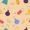 Chemistry seamless pattern. Multicolored chemical flasks on a beige background