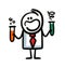 A chemistry teacher in a suit and tie holds two test tubes with chemicals in his hands and tells a lesson.