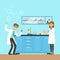Chemists scientists testing chemical elements, interior of science laboratory, vector Illustration