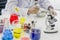 Chemists work lab in the morning,With test pieces working with colorful liquid chemicals, glass tubes,For cosmetics,develop safe