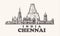 Chennai skyline, India vintage vector illustration, hand drawn temples.