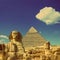 Cheops pyramid and sphinx in Egypt - vintage retro style