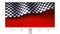 Chequered flag with creases on realistic billboard. Sports background with finishing flag on red backdrop, vector