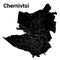 Chernivtsi city map, Ukraine. Municipal administrative borders, black and white area map with rivers and roads, parks and railways
