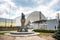 Chernobyl nuclear power plant with shelter and monument in memory of disaster