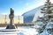 Chernobyl Reactor â€“ sarcophagus to contain the radioactive materia and Monument to the dead at the Chernobyl nuclear power plant