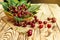 Cherries in basket on wooden table.Cherry. Cherries in bowl. Red