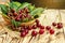 Cherries in basket on wooden table.Cherry. Cherries in bowl. Red