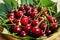 Cherries in basket on wooden table.Cherry. Cherries in bowl. Red cherry. Fresh sweet cherries with water drops,Close up.healthy fo