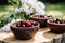 Cherries in a bowl on a wooden table in a garden, Zero waste summer picnic on the with cherries in the wooden coconut bowls, AI