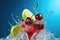 Cherries and lime in water splash with ice cubes on blue background