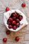 Cherries in linen bag, flat lay