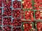 Cherries and strawberries in baskets for sale at farmer\'s market