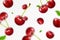 Cherry background. Flying berries with blurry effect. Red cherries falling on transparent background. Can be used for wallpaper,