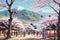 Cherry Blossom Festival Beneath a Clear Spring Sky, People in Traditional Attire Wandering Among the Blooms