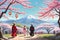 Cherry Blossom Festival Beneath a Clear Spring Sky, People in Traditional Attire Wandering Among the Blooms